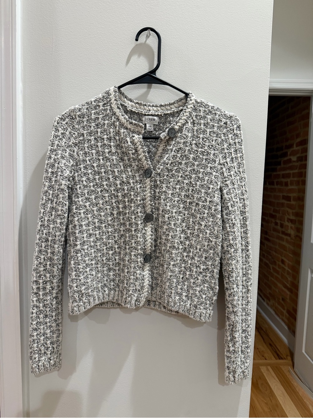 J. Crew Cropped Textured Knit Button-Front Jacket in Gray and Cream
